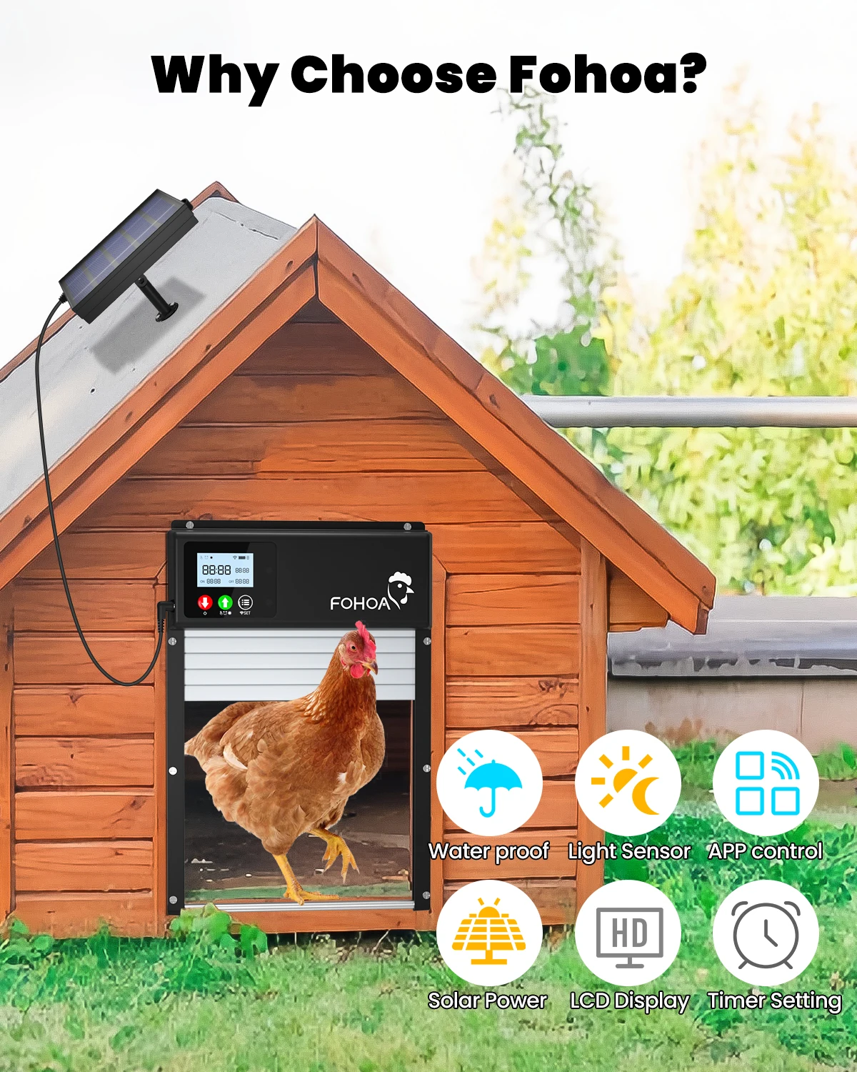 Upgraded 3IN1 Automatic Chicken Coop Door, Solar Powered WiFi Remote Control Automatic Chicken Door Opener with LCD Display & Ti