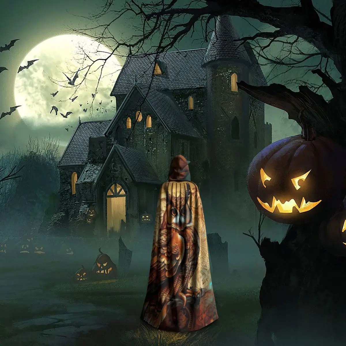 올빼미 신념 프린트 롱 후드 망토 마녀 중세 의상 코스프레 케이프 할로윈 코트 성인 유니섹스