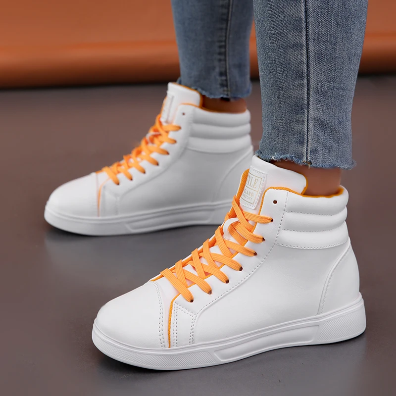 2024 New Design Men\'s Skateboard Sneakers Fashion High Top Shoes Men Platform Sneakers Comfortable PU Leather Men White Sneakers