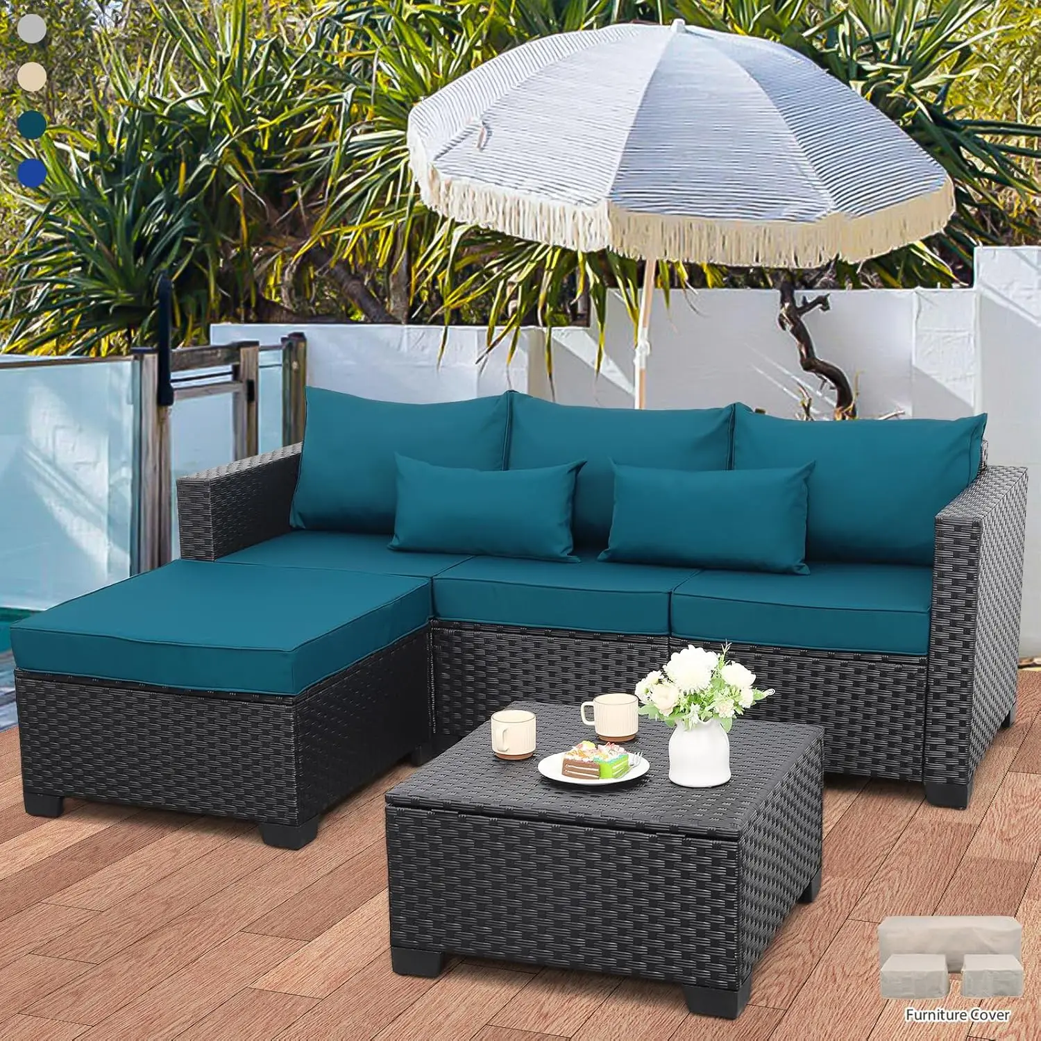 Juego de muebles de exterior, 3 piezas, muebles de mimbre para Patio, sofá seccional para Patio, mesa de centro para exterior con almacenamiento