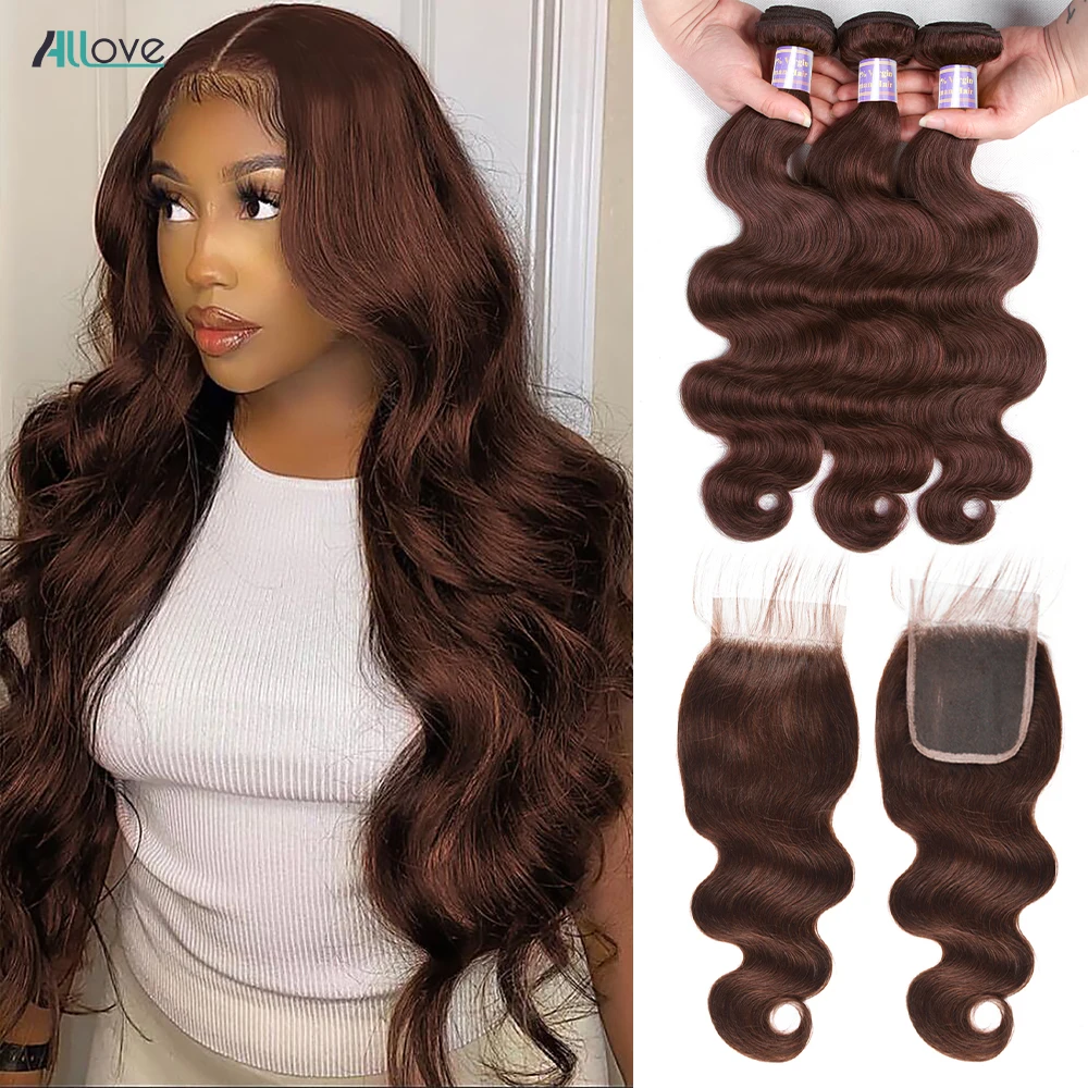 Allove Chocolate Brown Bundles With Closure Transparent  Lace Closure With Body Wave Bundles Colored Brazilian Remy Hair Weave