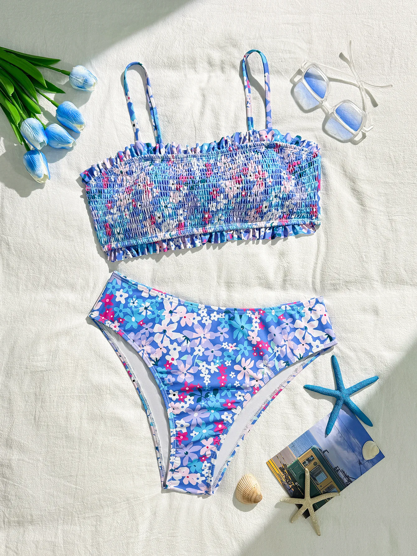 Sexy Blumendruck faltige Bandeau-Bikinis-Sets zweiteilige Tanga-Badeanzüge Bademode conjunto de bikini tankini beachwear biquini