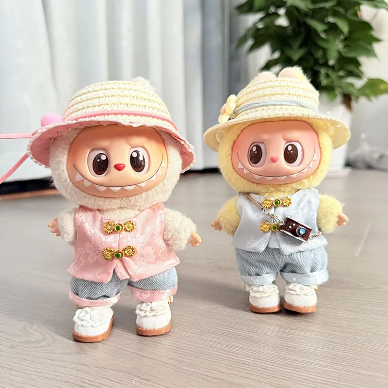 

15/17cm 1st-3rd Gen Cute Labubu Dolls Chinese - Style Ensemble Pink Blue Mandarin Vest Mini Bag Straw Hat Vintage Camera Party