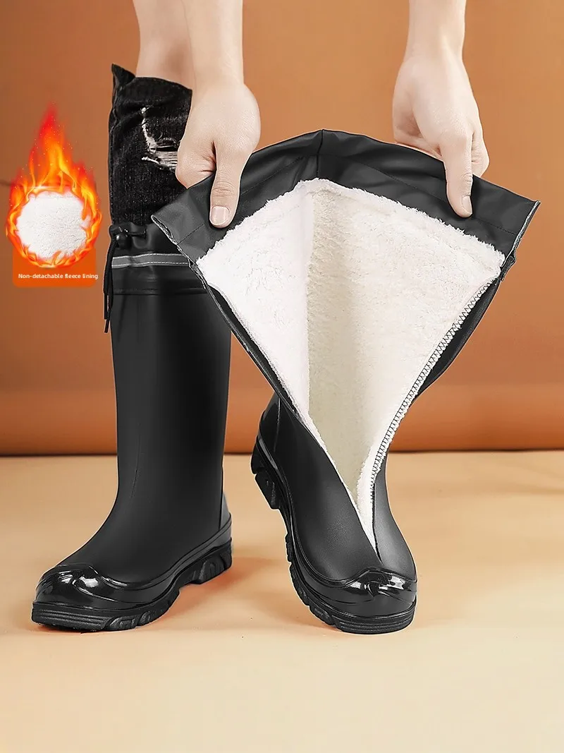Men's Winter Rain Boots Fleece Lined Mid-Calf Leather And Fur Integrated Fishing And Riding Special Waterproof Rubber Shoes