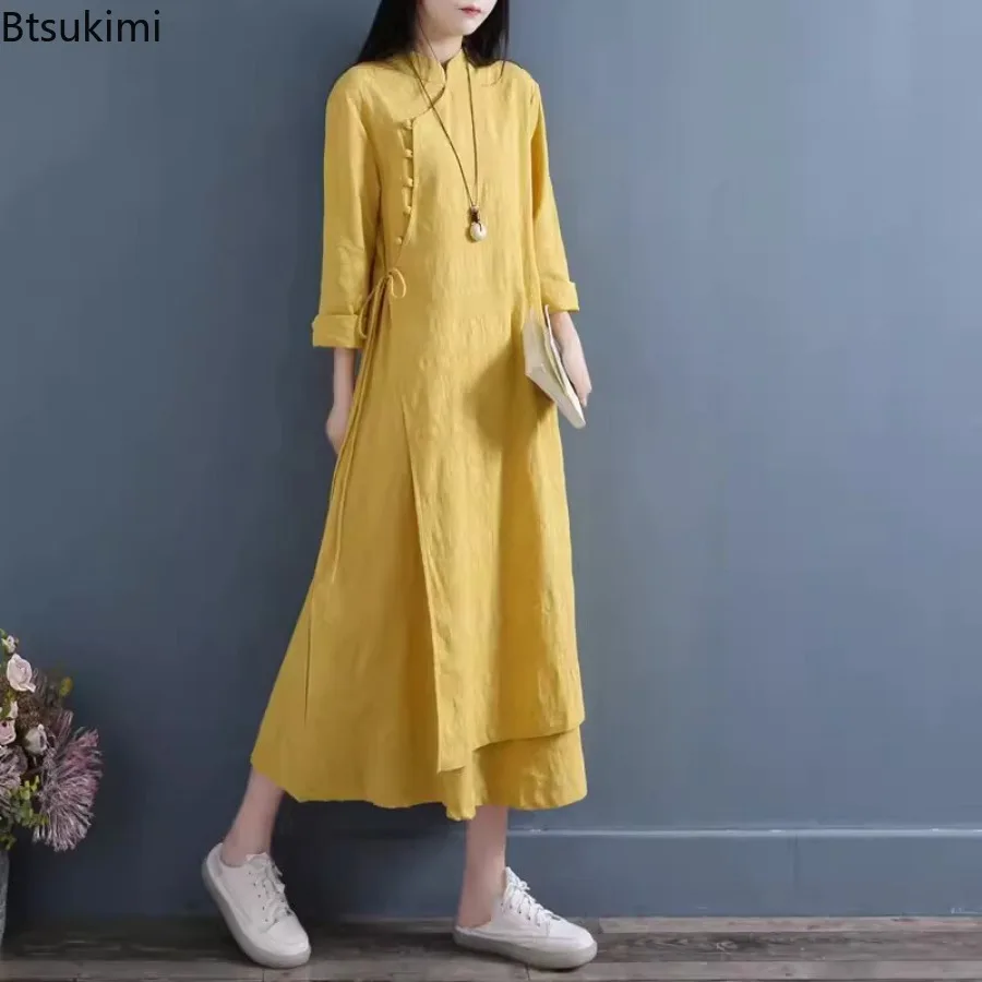 Spring New Chinese Style Dress for Women Fashion Vintage Stand Collar Long-sleeved Cotton Linen Long Skirts Female Elegant Hanfu