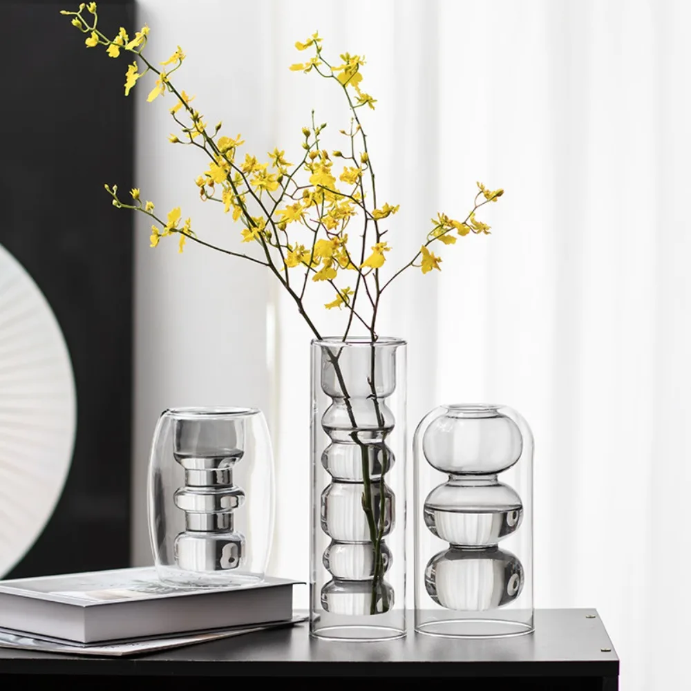 Gray Glass Vase Modern Minimalist Hydroponic Flower Bottle Double Layer Creative Living Room Furniture  Tabletop Ornament