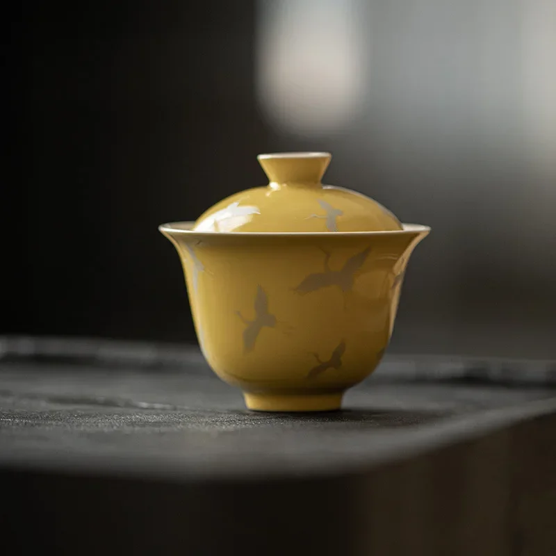 130ML Yellow Tracing Silver Crane Cover Bowl Chinese Kung Fu Tea Set Antique Bronzing Ceramic Tea Bowl Household Cover Bowl
