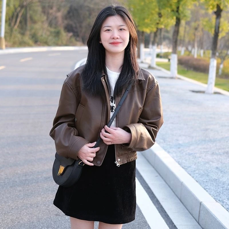 

Women's Short Brown Leather Jacket 2025 New Arrival Trendy Harajuku Style PU Biker Jacket Autumn Fall Fashion Streetwear