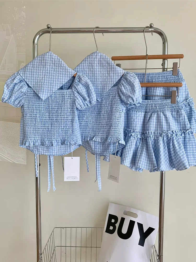 Setelan pakaian wanita dua potong Vintage, setelan wanita dua potong, rok Mini A-Line dan kemeja lengan pendek Harajuku 90s Y2k, set celana elegan 2000s pakaian musim panas