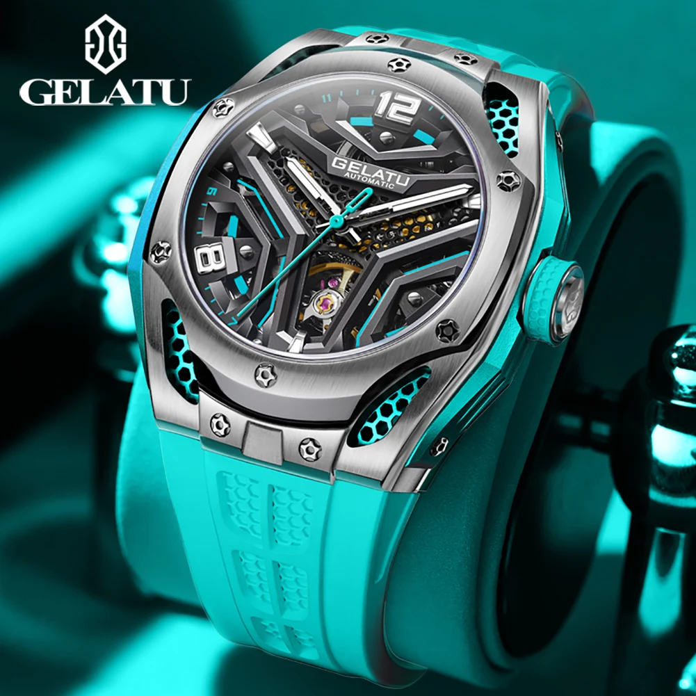 GELATU 6007 Number Scale Hollow Mechanical Watch For Men Sapphire Mirror Silicone Hand Clock Luminous Waterproof Man Watches