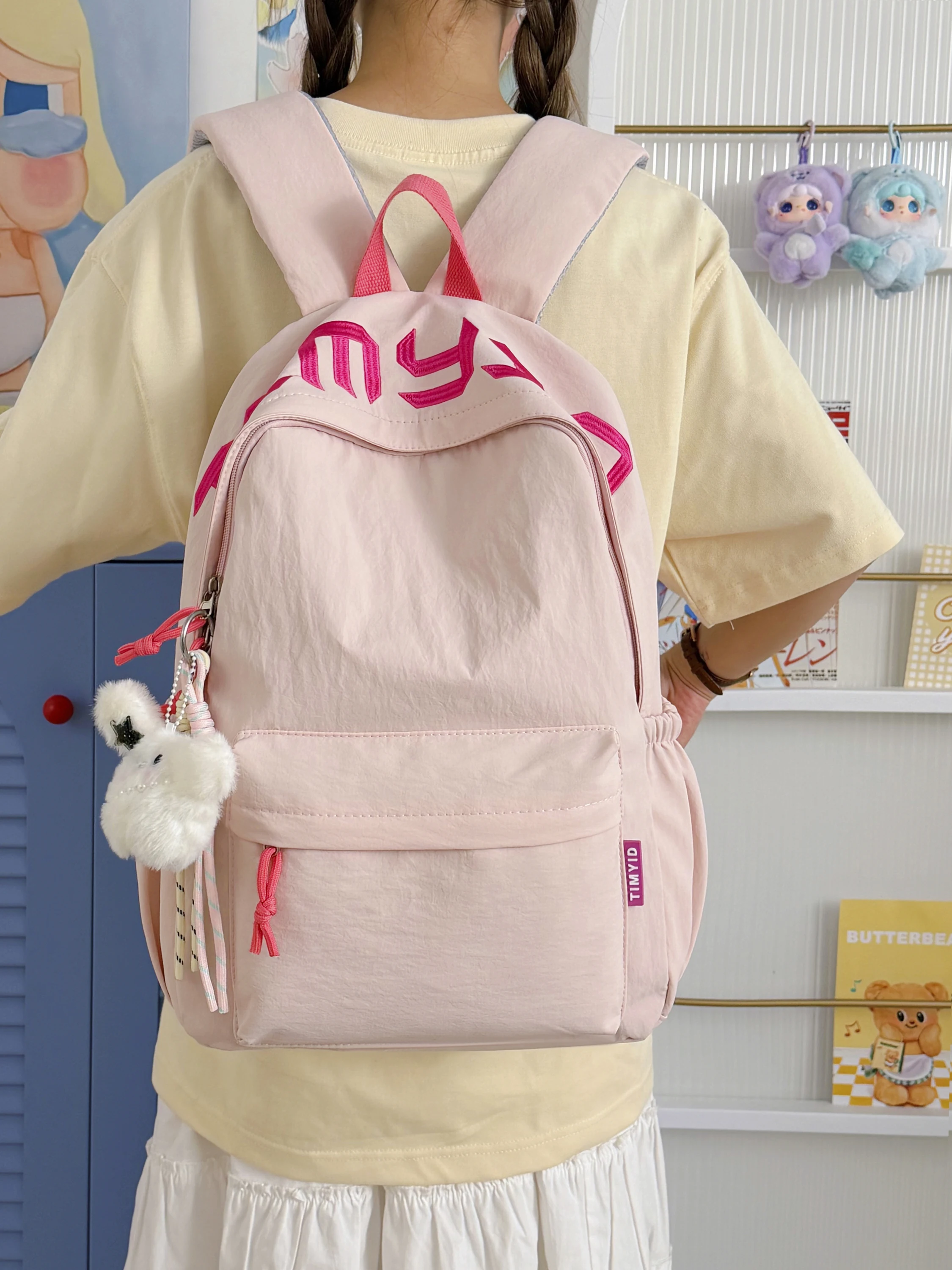 軽量ソフトバックパック-大学生女子向け-ピンク刺繍レター-韓国風-デュアルショルダーバッグ-学校-旅行-日常使い