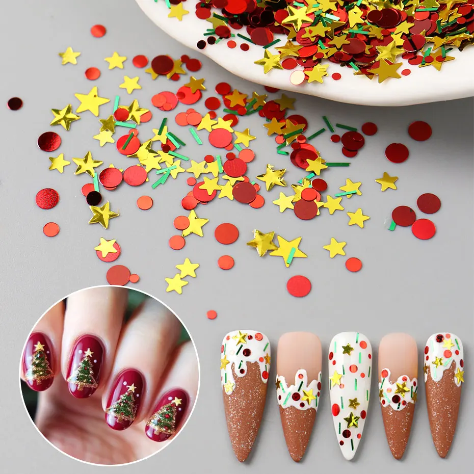 1 Packung süße glänzende Weihnachts-Design-Nagelflocken, Kawaii-Mischgröße, rot, rund und Stern, Nagel-Pailletten, glitzernde Neujahrs-Festival-Nagelkunst