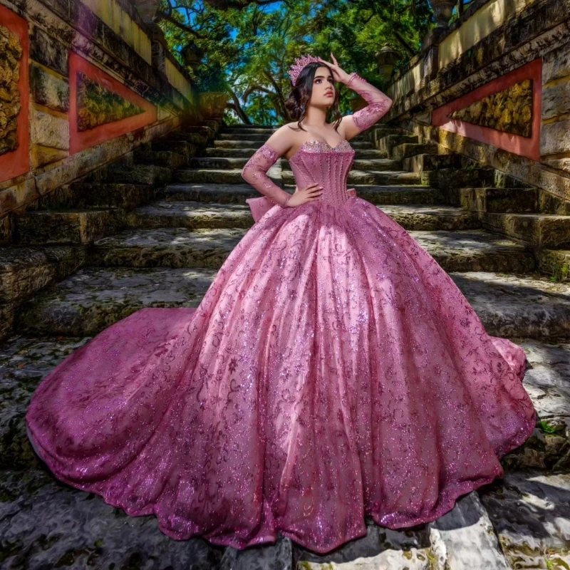 

Luxury Pink Shiny Ball Gown Quinceanera Dresses Off Shoulder Appliques Handmade Flowers Beads Tull Corset Vestido De 15 Anos