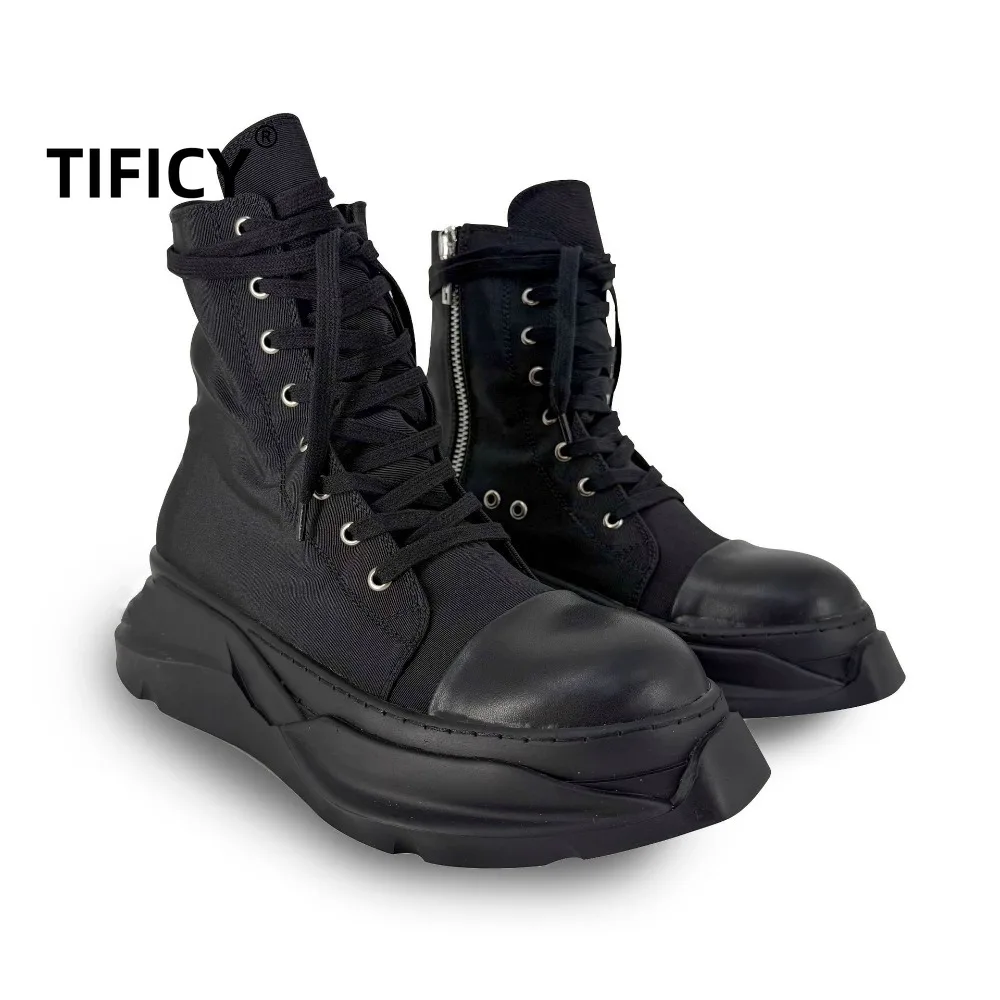 

High Street Dark RO Vulcanize Shoes Men's Lace Up High Cut Thick Soled Sponge Black Double-layer Canvas Shoes