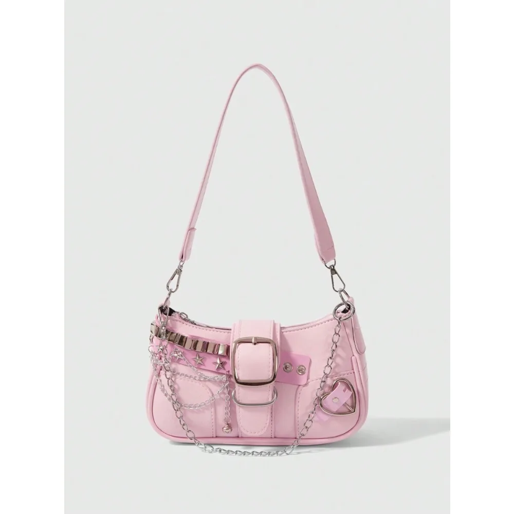 

New Sweet And Cool Women Shoulder Bag, Punk Motorcycle Bag With Chain Pendant, Cute Shoulder Bag, School Valentines, Kawaii