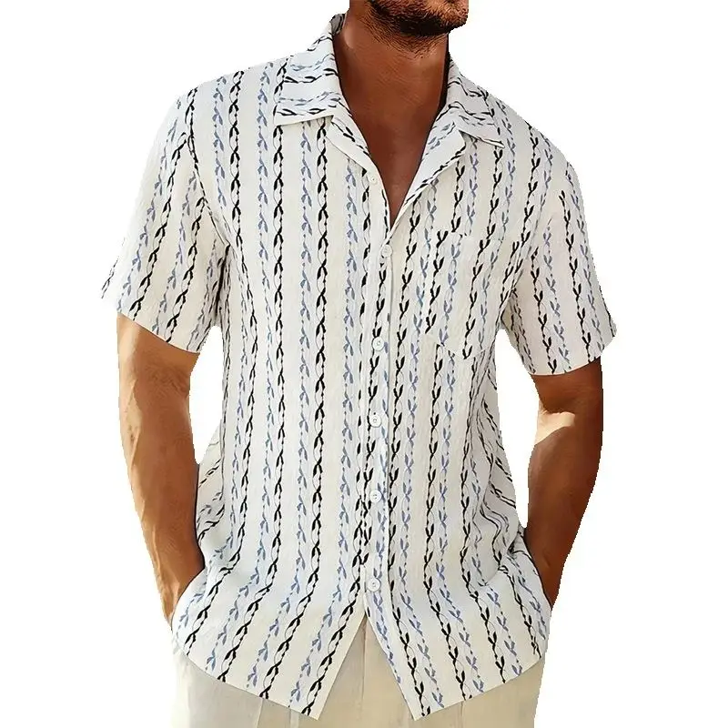 

Men's Summer Fashion Knitted Stripes Short Sleeve Hawaiian Shirt Casual Pocket Beach Holiday Shirts Stylish Mens Clothing