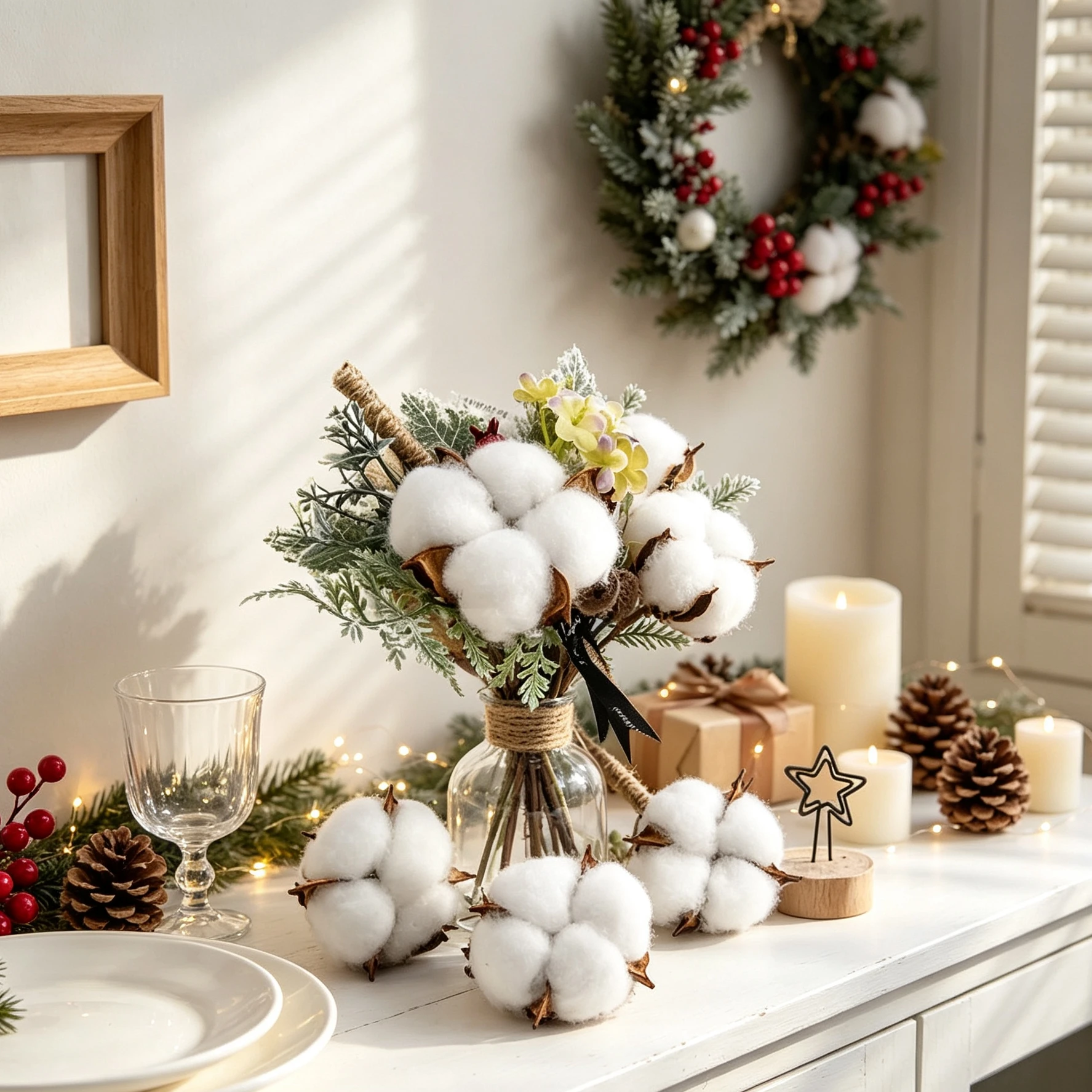 40/80 Pcs Artificial Cotton Ball Sprig Christmas Tree Filler Plant Home Dining Table Vase Scrapbook Ornament DIY Decorative Prop