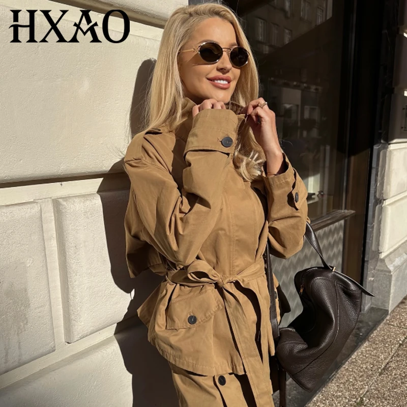 

HXAO Cropped Trench Coat Women's Windbreaker Autumn 2025 Oversize Button Long Sleeve Tops Outdoor Outerwears High Quality Coats