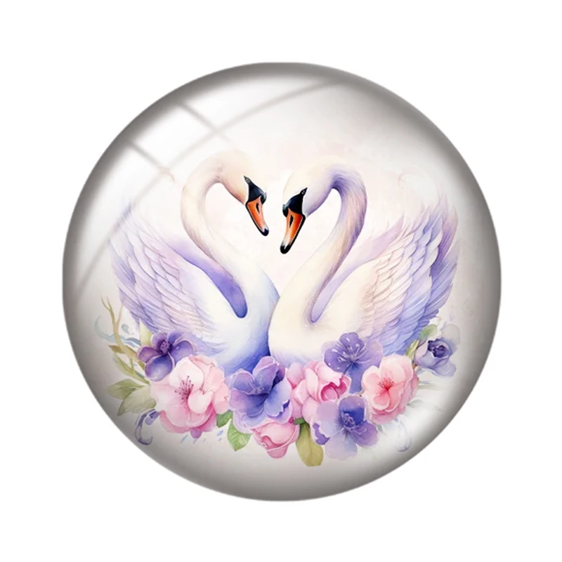 White swan birds love flowers 10pcs mixed 12mm/18mm/20mm/25mm Round photo glass cabochon demo flat back Making findings