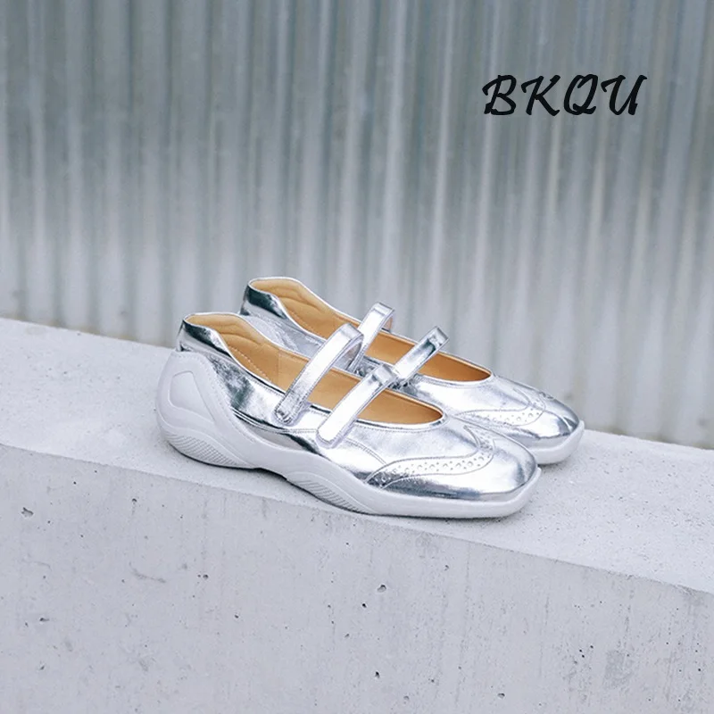 

BKQU Women's Leather Shoes Designer Original 2024 New Relaxed Fashion Square Head Double Belt Mary Jane Casual Flat Shoes Silver