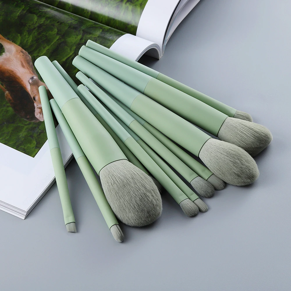 11Pcs Natural Hair Green Makeup Brushes Foundation Powder Eyeshadow Eyebrow Brush Set Cosmetic Tool Profesional Maquillaje