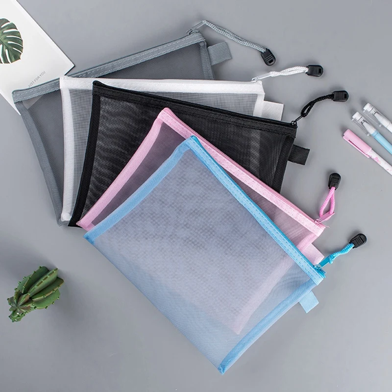5Pcs Mesh Zipper Pouch Clear Document Bag Book File Folders Stationery Pencil Case Storage Bags 5 Colors