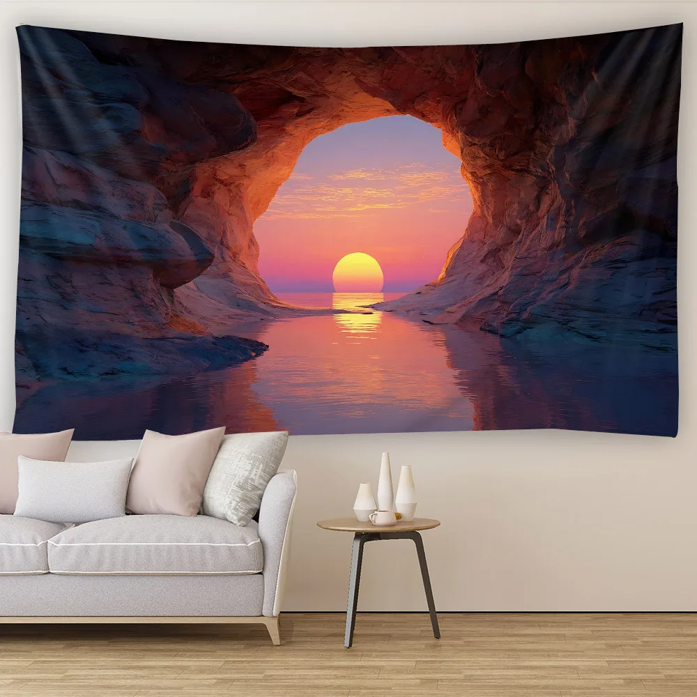 Waves Mountains Stone Caves Green Leaves Vines Window Scenery Wall Art Decor Home Decorative Painting on Canvas for Living Room