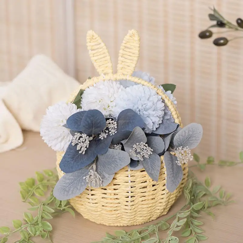 Woven Easter Basket Rabbit Ears Flower Baskets Picnic Flower Basket Bunny Ear Shape Basket Creative Rabbit Ears Easter Basket