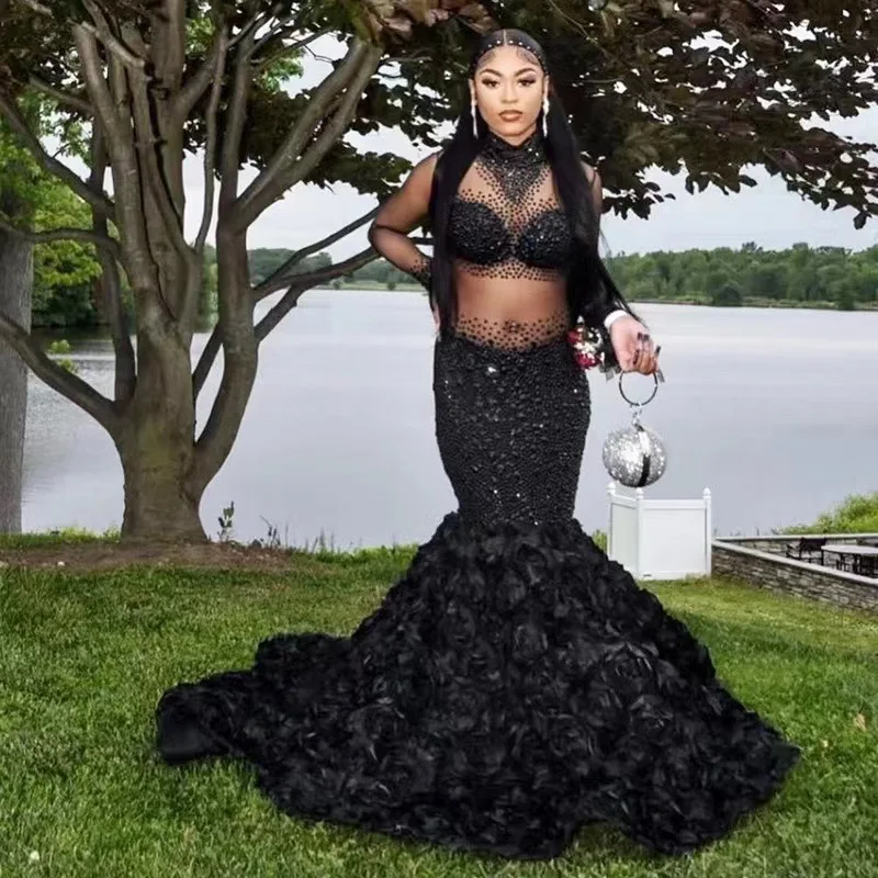 Evening Dress Temperament High-end Light Luxury Pendant Rose Skirt Chest Full Diamond Mesh Yarn Hollow Slim-fitting Sexy Dress