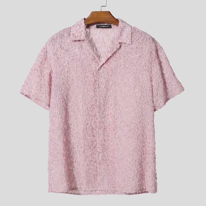 

INCERUN Мужская рубашка с кисточками, прозрачная однотонная мужская одежда с лацканами и короткими рукавами, свободные рубашки, уличная одежда, сексуальные модные повседневные мужские топы