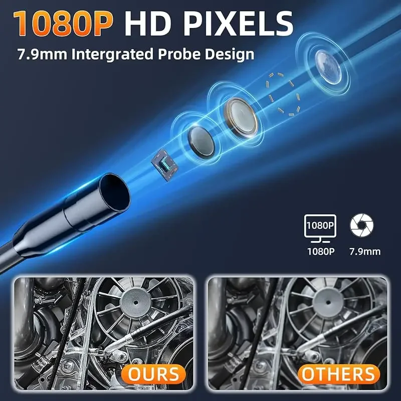 Industrial Endoscope Camera 1080P 4.3 Inch IPS Single Lens Pipe Car Inspection Camera with 8mm IP67 Waterproof 8 LEDs