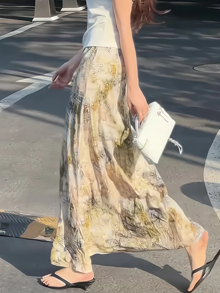 

Юбка-миди трапециевидной формы с высокой талией и цветочным принтом, женская весенняя новая универсальная утягивающая длинная юбка, корейский Sle