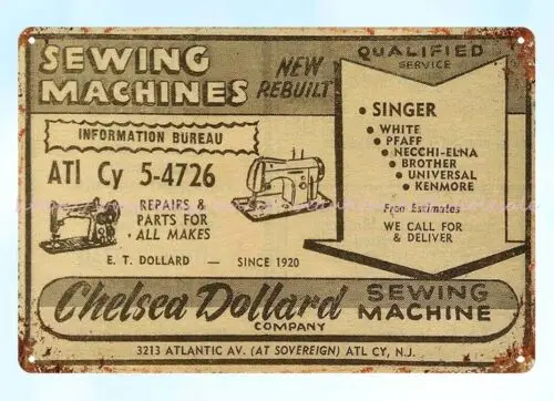 1959 Chelsea Dollard Sewing Machine Company Atlantic City, NJ metal tin sign