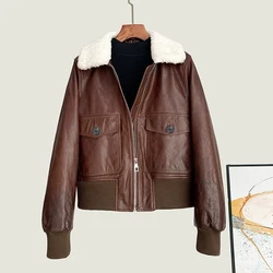 Chaqueta de piel auténtica para mujer, abrigos Retro desgastados, acolchados, cálidos, cortos, con cremallera, cintura elástica, chaqueta de piel de oveja auténtica, primavera 2025