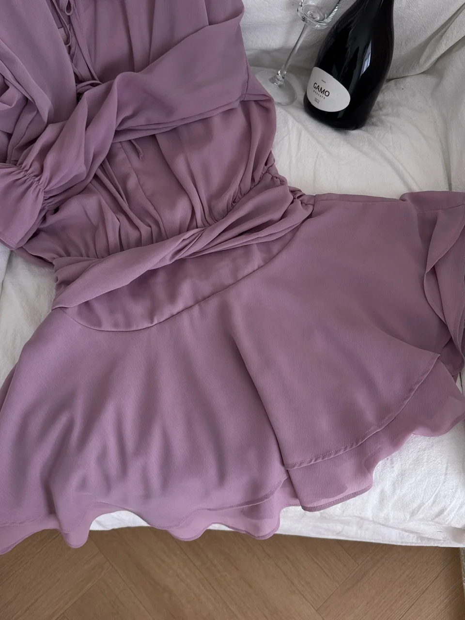 우아한 보라색 긴 소매 쉬폰 드레스 여성의 초가을 새로운 스타일 슬리밍 허리 Cinched 꽃 3D 분위기 스커트