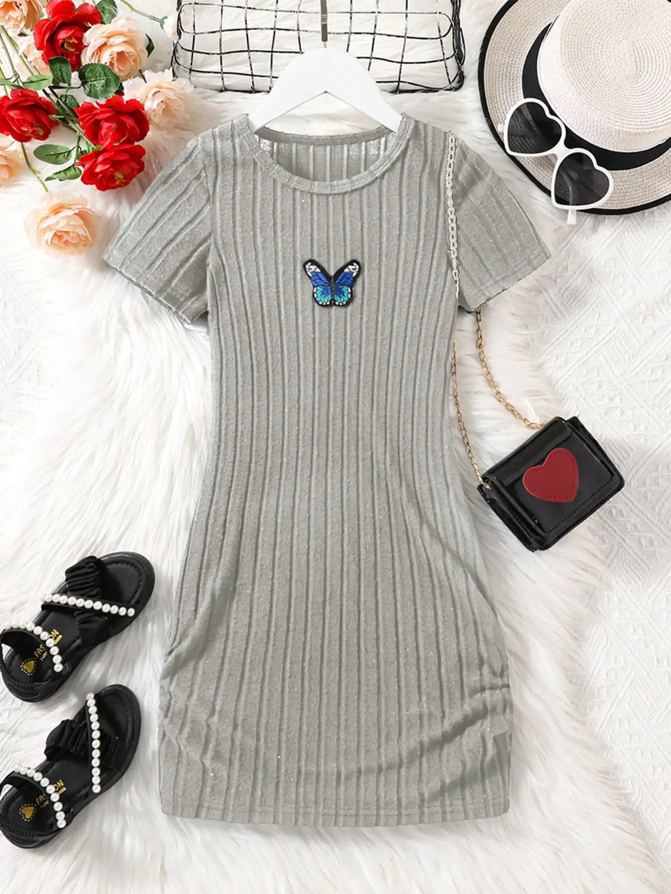 Body idle solid color black short sleeved fluffy dress butterfly fashion elegant middle-aged and young children\'s dress