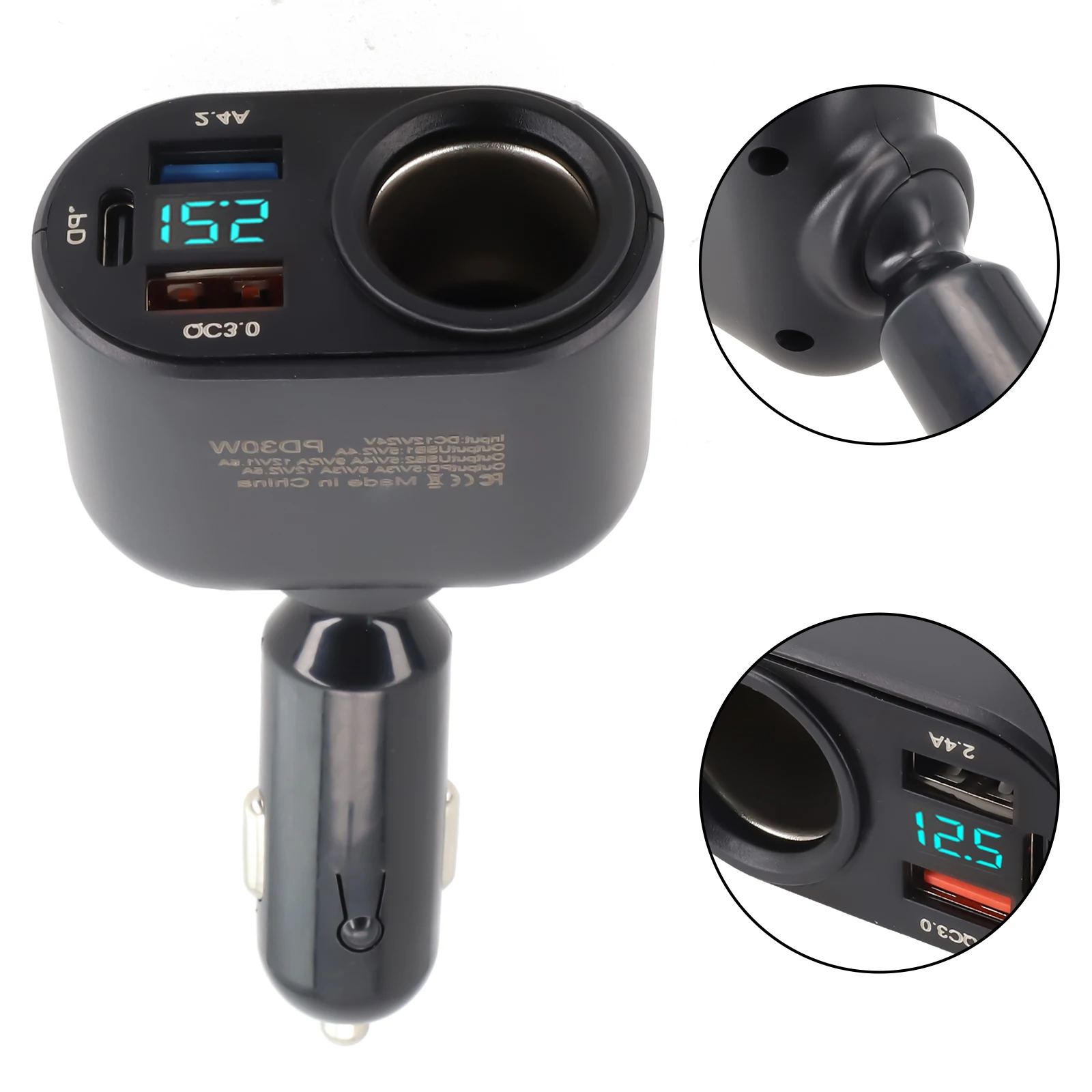 

Socket Splitter Car Charger 2.4A 3-USB Port 360 ° ABS Accessory Black Blue LED DC 5V Fast Charging New Practical