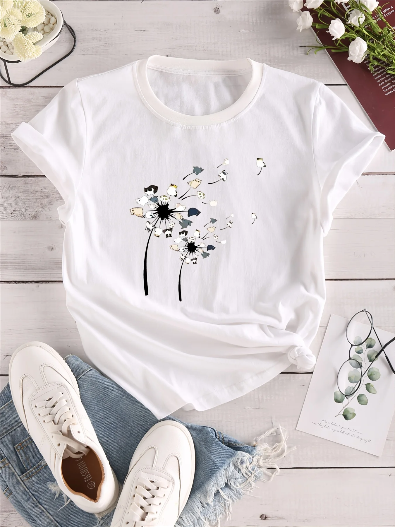 Schattig Grafisch T-Shirt Met Kattenprint Voor Dames-Valentijnsdag Cadeau, Casual Top Met Korte Mouwen En Ronde Hals