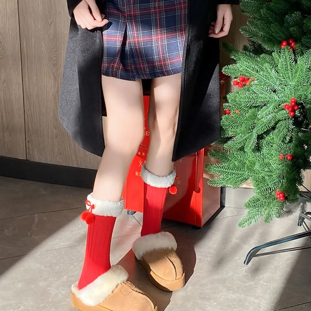 

Cute Female Hosiery New Year Red Socks Cotton Thicken Children Red Socks Sleeping Socks Bow Middle Tube Socks Women
