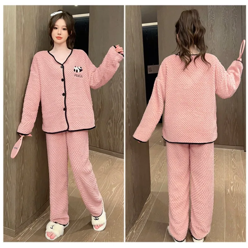 5XL Plus Size Coral Fleece Pajamas Set Women\'s Winter Cute Japanese Style Soft Plush Thickened Sleepwear Sweet Girl Home Clothes