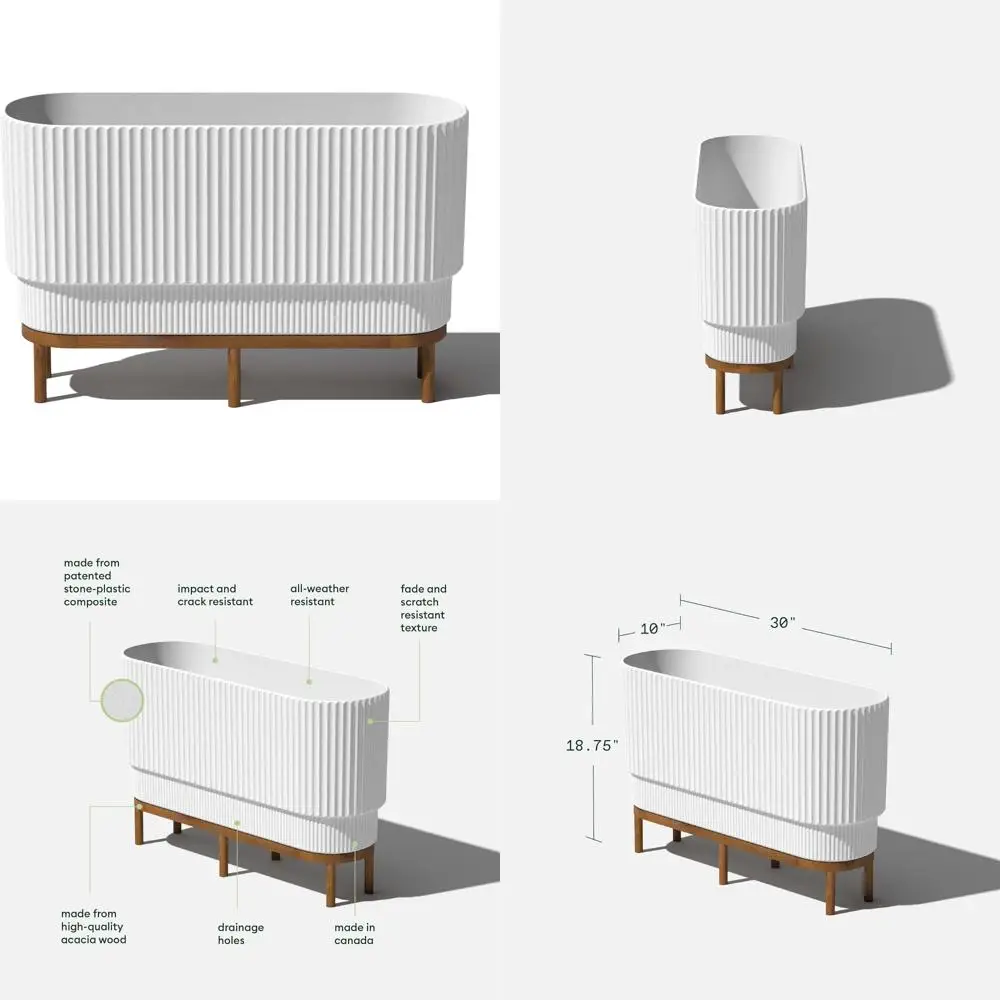 

Raised Long Planter Series for Indoor/Outdoor Use - Plastic and Stone with Wooden Stand - Modern Patio Decorative Feature