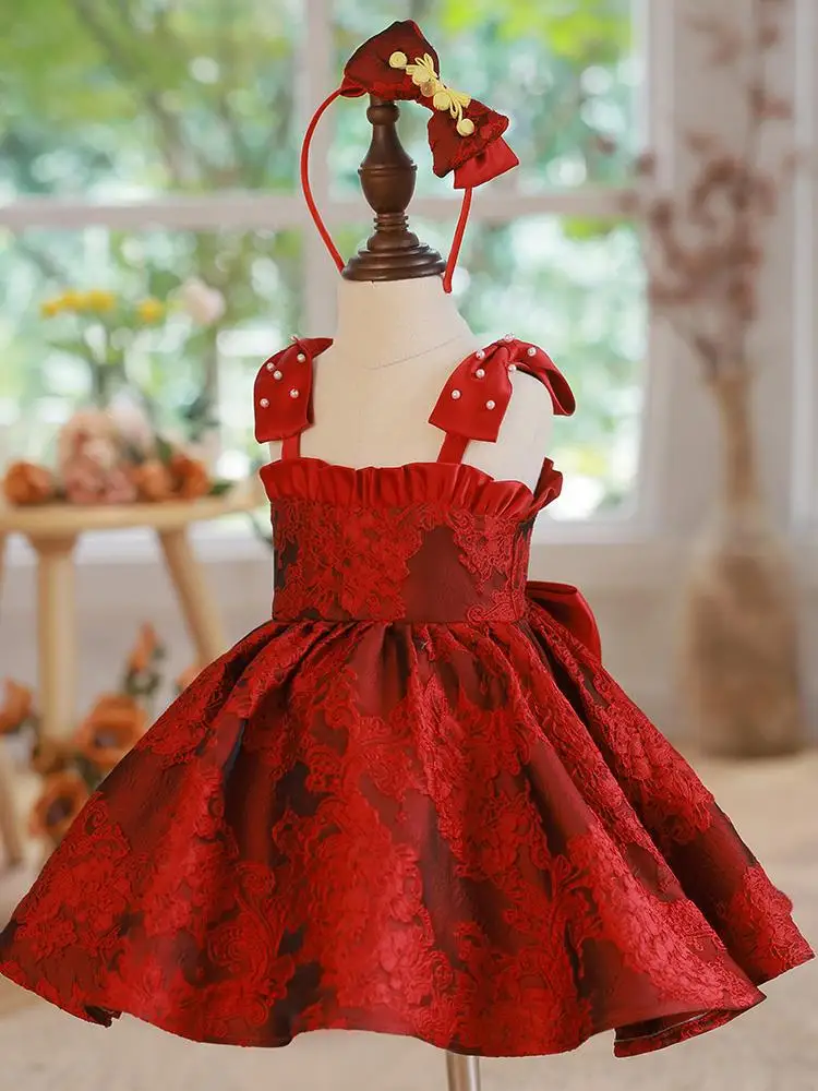 Retro Red Handmade Pearl Embroidery Princess Dress Children's Straps Sleeveless Big Bow Shoulderless Summer Girls Clothing