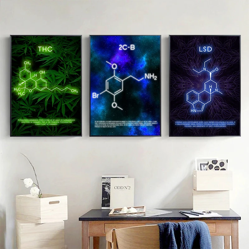 Modern Neon Effect Drug Molecules Pharmaceutical Chemicals Element Posters Canvas Painting Wall Art for Room Home Decor No LED