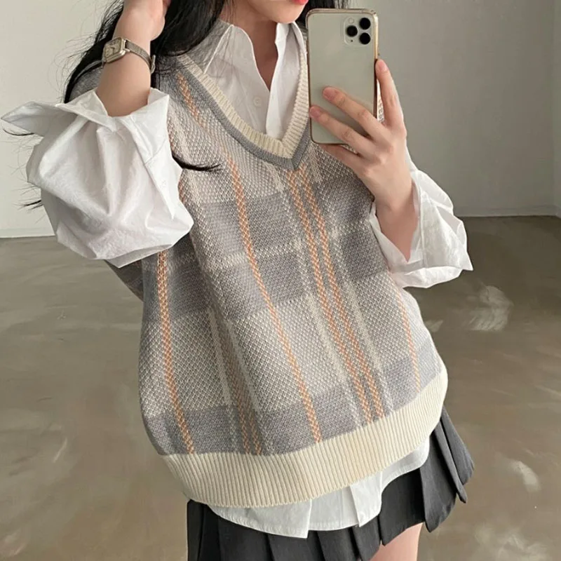 Autumn Winter Female Korean Loose Sweater Vest Vintage Office-lady V-neck Jumpers Pullover Women Knitted Tops Pull Femme 23875