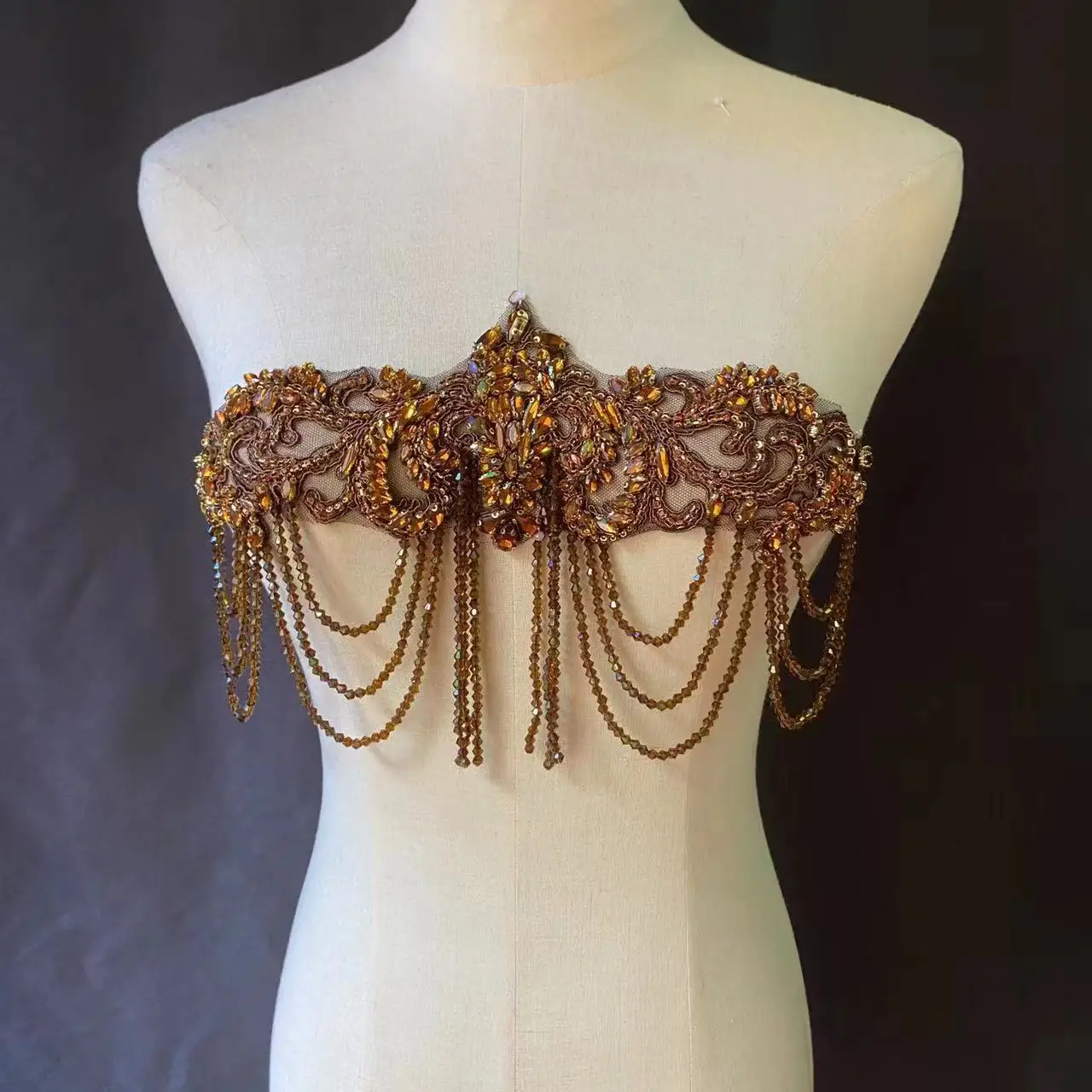 Brown Crystal Rhinestones Applique Fringe Chain Beads Patch for Colorful Jewelry Shoulder,Bridal Sash,Neckline Decor by Piece