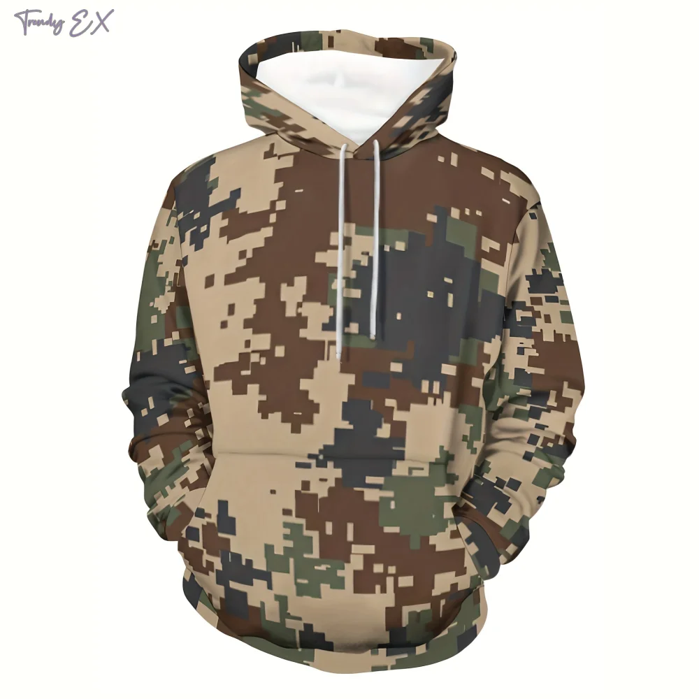 Sweatshirts for Men 3D Military Camouflage Print Oversized Hoodie Unisex Sports Kangaroo Pocket Hooded Sweatshirt Men\'s Clothing