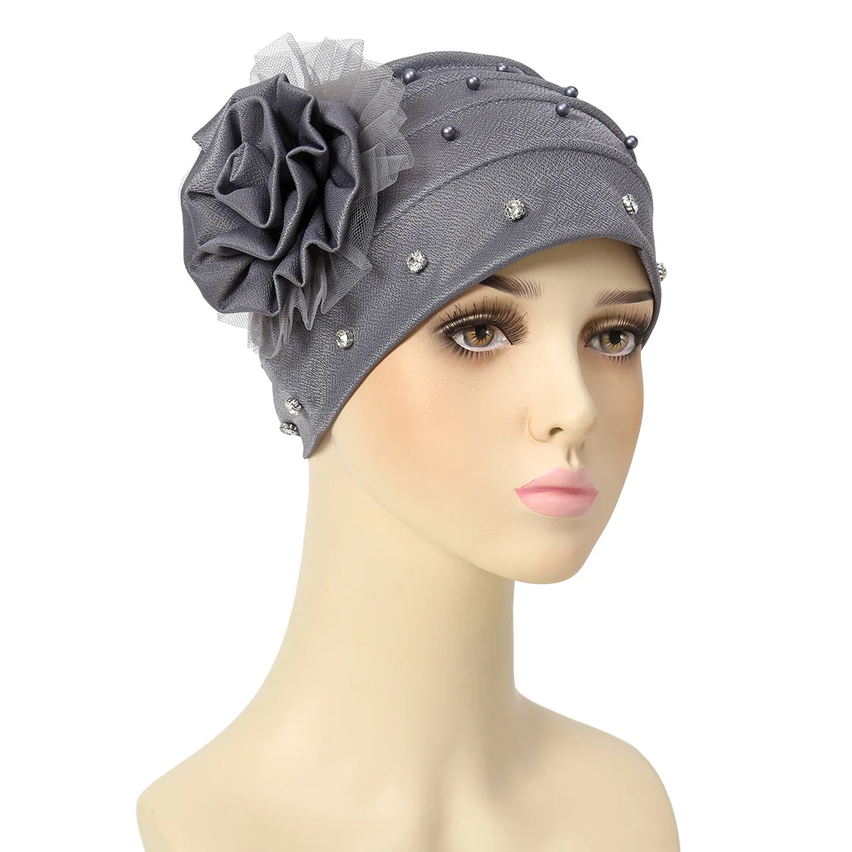 Flowers Muslim Hijab Cap With Drill Mesh Yarn Women Hat Hair Bonnet Head Scarf Wrap Turban Hat For Women Ladies