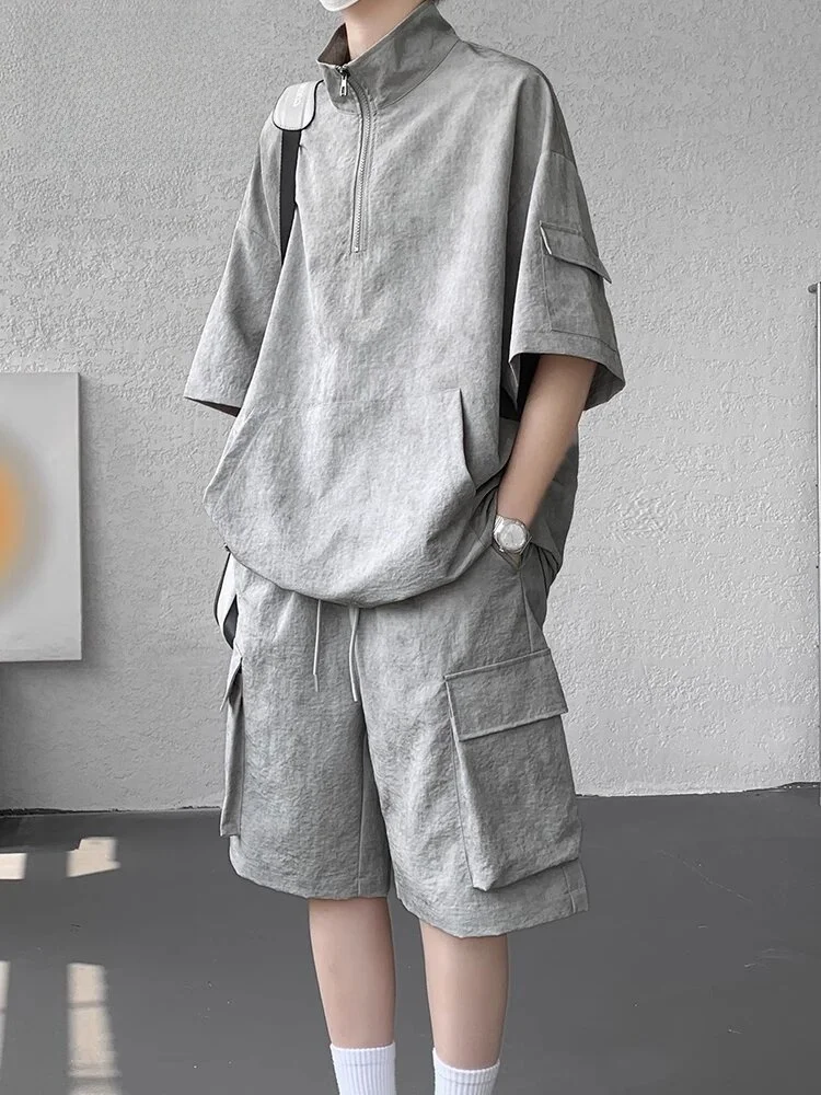 men's-summer-casual-ice-silk-short-sleeve-workwear-dyed-set-straw-man-sports-suit-polyester-fabric-teenagers-short-pants