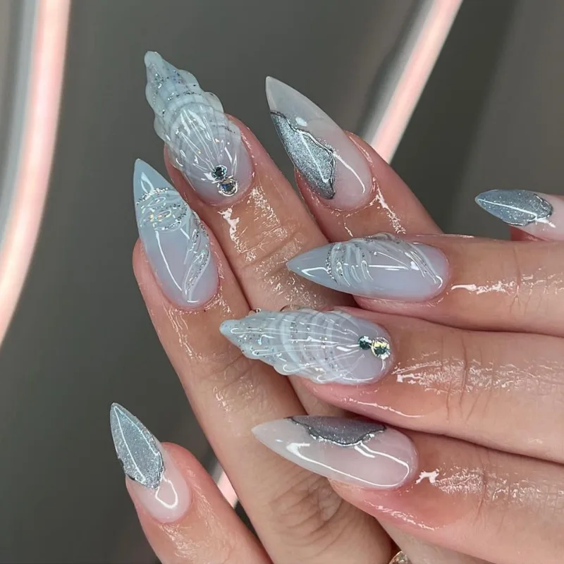 

24 Pcs Wearable Fashion False Nails Detachable Finished Fake Nails Press on Nails with Glue 3D Shell Design Blue Almond Nail Art