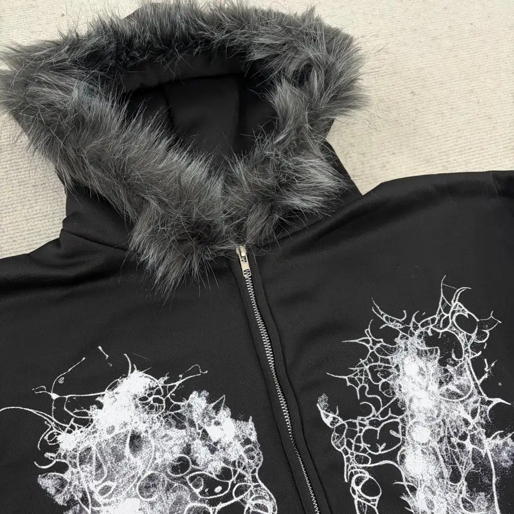 

Худи в готическом стиле INS Street Subculture с принтом шипов и воротником из искусственного меха, на молнии, свободного кроя, коллекция Осень-Зима 2026, нишевый эффектный топ